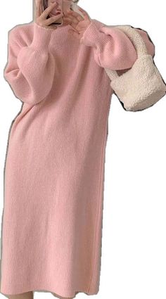 Cozy Pink Sweater Dress For Fall, Long Pink Winter Dresses, Long Pink Dress For Winter, Long Pink Dresses For Winter, Casual Pink Winter Dresses, Pink Winter Sweater Dress, Pink Solid Color Dress For Fall, Winter Pink Knit Sweater Dress, Pink Long Sleeve Sweater Dress For Winter