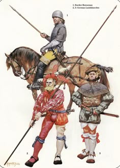 three men dressed in medieval clothing riding on horses with spears and swords around their necks