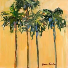 three palm trees in front of a yellow background