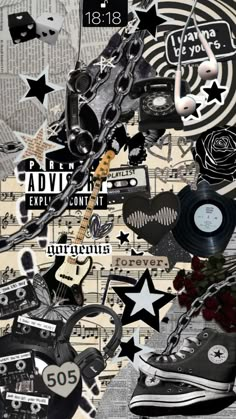 a collage of various items with the words, music and stars on them in black and white