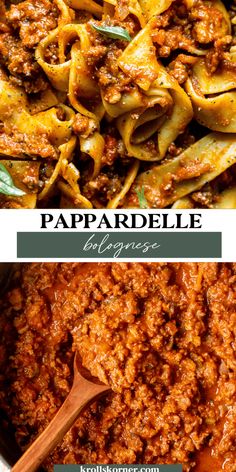 pasta with meat and sauce in a skillet next to the recipe title reads, pappardile bolognzone