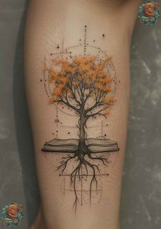 a tree with orange leaves on the side of a woman's leg, and an abstract