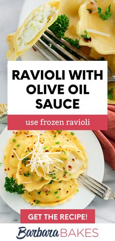 ravioli with olive oil sauce on a white plate