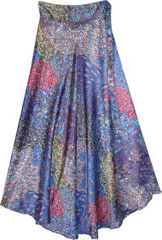 A beautifully adorned wrap-around skirt that looks one of a kind, especially with its kaleidoscope-like all-over pattern.  This shiny, soft, and smooth faux satin skirt is versatile and comfortable. #tlb #WrapAroundSkirt #HighLow #vacationclothing #Dance #Floral #Printed #Wraparoundfloralskirt #wrapskirtforsummer #silkyskirt Multicolor Long Lined Wrap Skirt, Multicolor Silk Bohemian Skirt, Silk Long Wrap Skirt With Lining, Long Silk Wrap Skirt With Lining, Bohemian Multicolor Silk Skirt, Multicolor Silk Party Skirt, Bohemian Multicolor Flared Wrap Skirt, Multicolor Tiered Lined Wrap Skirt, Multicolor Tiered Wrap Skirt With Lining