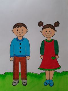 a drawing of two people standing next to each other on a paper sheet with grass and sky in the background