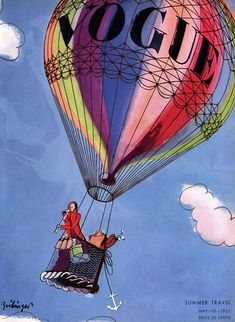 an advertisement for yogi featuring a woman in a hot air balloon