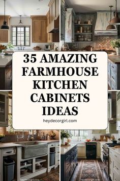 kitchen cabinets with the words amazing farmhouse style kitchen cabinets ideas in white and brown colors