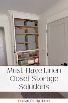 an open closet with baskets and bins in it