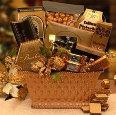 a basket filled with assorted chocolates and nuts