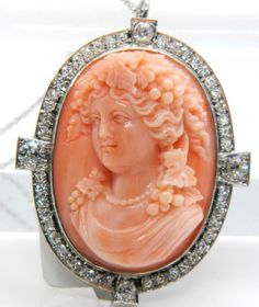 1.80ct Mine Cut Diamond Platinum/18K Gold Bacchante Cameo Pink Coral Pin Pendant | eBay K Pendant, Isle Of Capri, Cameo Bracelet, Vintage Jewelry Antique, Old Mine Cut Diamond, Cameo Jewelry, Coral Ring, Carved Stone, Pin Pendant