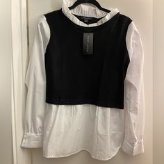 Great For Work! New Maternity Shirt. There Is No White Undershirt Under The Black Vest. Size 6 But It Feels More Like A Size 8 Trendy White Blouse For Layering, White Crew Neck Shirt For Work, New Look Tops, Button Up Shirt Womens, Cold Shoulder Lace, Classic Blouses, Maternity Shirt, Black Blouse Long Sleeve, Layered Blouse