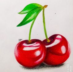 a drawing of two cherries with green leaves