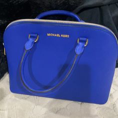 Electric Blue Lg Dome Satchel Leather Mk Bag New Tag Designer Blue Bag With Double Handle, Luxury Blue Bags With Gold-tone Hardware, Blue Bags With Handles For Errands, Blue Bags For Errands, Designer Blue Satchel Shoulder Bag, Designer Blue Satchel Tote, Designer Blue Tote Satchel, Modern Blue Top Handle Bag, Designer Blue Bags For Everyday Use