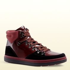 Gucci Men'S Leather Suede Contrast Combo High-Top Sneaker Red 368496 1078 Casual Leather Boots With Red Sole, Burgundy Leather Sneakers With Red Sole, Red Sole Leather High-top Sneakers, Gucci Leather High-top Sneakers Sporty, Casual Patent Leather Sneakers With Leather Sole, Designer Leather Sneakers For Fall, Red Sole Leather High-top Lace-up Sneakers, Casual Patent Leather High-top Sneakers With Round Toe, Casual Patent Leather High-top Lace-up Sneakers