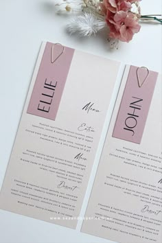 Custom Wedding Menus on Almond Card paired with Rose Nam Tags and our Gold Teardrop Paperclips Wedding Invite Paperclip, Wedding Menus And Place Cards, Cricut Wedding Menu Cards, Wedding Menu Placecard, Wedding Menu Inspiration, Menu And Name Card Wedding, Menu Wedding Ideas, Place Card Design, Menus Design