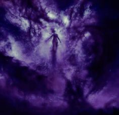 a person standing in the middle of a purple and black cloud filled sky with stars