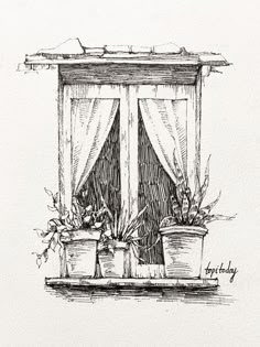 a drawing of an open window with potted plants