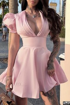 Fisdy - Sophisticated Party Wear Mini Dress with Sleeve Detail Mini Gown, Vestidos Color Rosa, Evening Mini Dresses, Flowy Sleeves, Cute Prom Dresses, Sleeve Dresses, Long Blouse, Waist Dress, Sleeve Detail