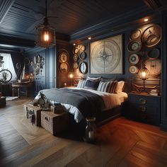 a bedroom with wooden floors and clocks on the wall