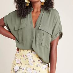 A Maeve Top By Anthropologie. A Nice, Lighter Hunter Olive Green Blouse With 2 Breast Pockets. It’s A Great Blouse To Wear Dress Casual. Vacation Tops With Pockets And V-neck, Vacation V-neck Blouse With Pockets, Chic Vacation Tops With Pockets, Chic Tops With Pockets For Vacation, Green V-neck Top With Pockets, Green V-neck Tops With Pockets, V-neck Blouse With Pockets, V-neck Blouse With Pockets For Day Out, Versatile Spring Blouse With Pockets