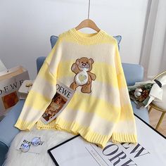 Collar: round neck Size: one size Color: pink, blue, yellow Cute Yellow Long Sleeve Sweatshirt, Cute Yellow Sweater For Fall, Cute Yellow Fall Sweater, Cute Yellow Long Sleeve Sweater, Cute Yellow Crew Neck Sweatshirt, Cute Yellow Sweatshirt For Fall, Trendy Yellow Soft Knit Sweater, Casual Long Sleeve Sweater With Bear Print, Weird Sweaters