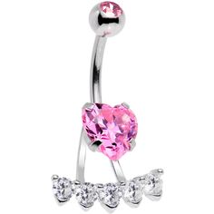 14 Gauge (1.6mm), 7/16" (11mm), 316L Surgical Grade Stainless Steel Curved Barbell, Cubic Zirconia Pink CZ Gem Sweet Heart Sweep Dangle Belly Ring This sparkling, glamorous belly ring will definitely bring out your loving side. A large pink cubic zirconia gem heart is the centerpiece of this 14 gauge dangle belly ring which also features a sweeping dangle string of clear gems. The pink heart cubic zirconia charm is mounted on a 7/16" curved barbell made with durable 316L surgical grade stainless Pink Heart Shaped Body Jewelry For Gift, Pink Heart Body Jewelry For Gift, Pink Heart-shaped Body Jewelry For Gift, Pink Heart Belly Rings For Valentine's Day, Pink Body Jewelry For Valentine's Day Gift, Pink Heart-shaped Belly Rings For Gift, Pink Dangle Belly Rings For Gift, Pink Dangle Belly Rings As Gift, Heart-shaped Pink Belly Rings For Gift