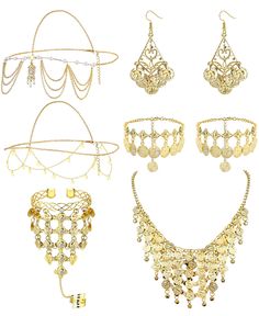 PRICES MAY VARY. BELLY DANCE JEWELRY SET: One order have 6 pcs Body Chain Jewelry Accessories for Women, includes 2 pcs Gold Sequins Head Chains,1 pcs Vintage Coins Veil Necklace,1 pair Gold Boho Earrings,1 pcs Coin Bracelet and 1 pair Bohemian Tassel Anklet. Indian-style Belly Dance Accessories bring you a different feeling, to meet your diverse needs of dress matching HIGH QUALITY MATERIAL: The Dance Play Accessories are made of premium alloy, sturdy and comfortable. Gypsy Jewelry for Women is