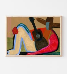 an abstract painting of a person laying down with a guitar