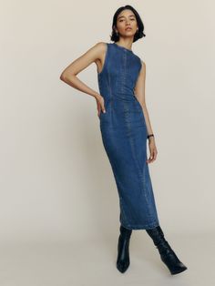 In case of getting dressed. Shop the Kendi Denim Midi Dress from Reformation, a sleeveless midi dress with a high neckline. Denim Dress Outfit, Long Denim Dress, Column Skirt, Denim Midi Dress, Stretch Denim Fabric, Midi Dress Sleeveless, Fall Dresses, Get Dressed, Denim Dress