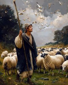 a painting of a man standing in front of a flock of sheep with birds flying around him