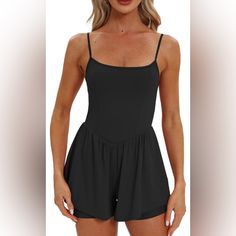 Women's Sleeveless Rompers Spaghetti Strap Double Lined Built-In Shorts 74% Polyamide, 26% Elastane Summer Workout Camisole With Built-in Bra, Summer Sleeveless Camisole With Built-in Bra, Fitted Solid Color Camisole For Vacation, Summer Loungewear Strapped Camisole, Summer Loungewear Camisole With Straps, Stretch Camisole With Adjustable Straps For Vacation, Sleeveless Camisole For Summer Workout, Summer Camisole For Loungewear, Summer Workout Camisole Tank Top