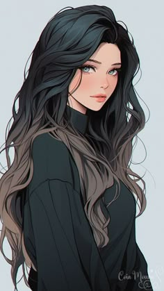 a drawing of a woman with long dark hair and blue eyes, wearing a black shirt