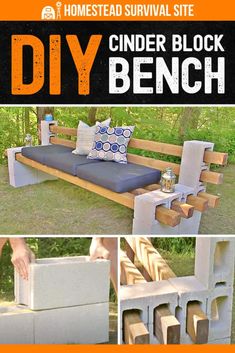 the diy cinder block bench is made from concrete blocks and has been built into an outdoor