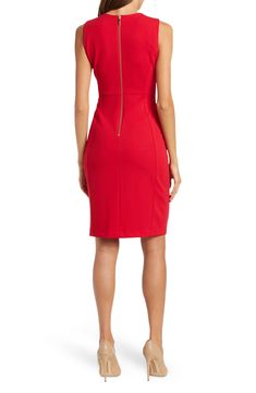 An exposed back zipper adds an extra hint of modern allure to this curve-skimming sheath dress. Approx. 39" length (size 4) Jewel neck Sleeveless Exposed back zip closure 94% polyester, 6% spandex Dry clean Imported Model stats: 5'10", 32" bust, 25" waist, 36" hip. Model is wearing size S. Sleeveless Sheath Dress, Jewel Neck, Sheath Dress, Nordstrom Rack, Dresses For Work, Calvin Klein, Size 4, Dry Clean, Nordstrom