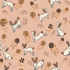 a pattern with rabbits and flowers on a pink background that is very similar to the rabbit family