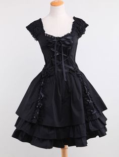 Gothic Lolita Dress OP Black Square Neck Short Sleeve Ruffle Tiered Lolita One Piece Dress(APP ExclusivePrice £38.53) Flowery Dress, Gothic Ideas, Dream Style, One Piece Dress, Black Square, Black Cocktail Dress