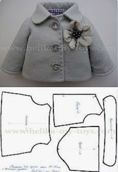 an image of a doll coat with flowers on the front and back, as well as instructions for how to sew it