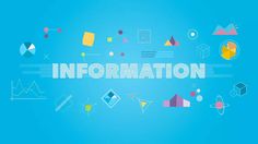 the word information surrounded by colorful geometric shapes and lines on a blue background that reads information