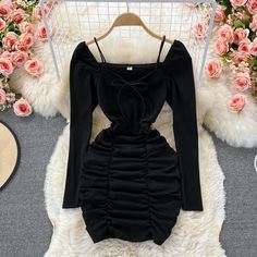 Materials: other Size: one size Color: pink, white, black Black Grad Dress, Drawing Outfit Ideas, Bubble Sleeve, Pleated Shorts, Hip Dress, Neck Wrap, Square Neck, Free Size, Pink White