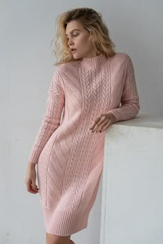 Blush pink cable knit dress for women Powder pink dress knee length clothing knit wool dress winter spring fashion gift for momThis beautiful blush pink dress is IN STOCK in size S-M and ready to ship.If you would like to have it made in other size or color - we CAN do that! Just send us a short message with your preferences and we'll create this item for you.Free shipping worldwideThis item can be made in any size and color (1-2 weeks for production). Contact us, and we will advice about color Pink Sweater Dress Outfit, Aran Dress, Pink Dress Outfits, Dusty Pink Dresses, Pink Sweater Dress, Chique Outfit, Cable Knit Dress, Wool Knitted Dress, Long Knit Sweater