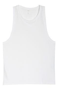 Radiate zen from the inside out with this supersoft tank featuring a stretchy knit and roomy fit. 23 1/2" length (size Medium) Crewneck 94% polyester, 6% elastane Machine wash, tumble dry Made in the USA of imported fabric White Compressive Racerback Tank Top, Versatile Stretch Tank Top With Go-dry Technology, Sporty Tank Top With Minimal Stretch, Compressive Casual White Top, Casual Medium Support Tank Top For Yoga, Casual Yoga Tank Top With Medium Support, Seamless Racerback Yoga Top, Everyday Seamless Athleisure Tank Top, Casual Tank Top With Medium Support For Yoga