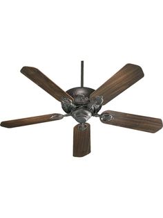 a ceiling fan with three wooden blades