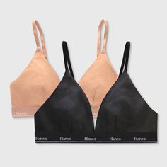 Hanes Originals Women’s Stretch Cotton Triangle Bra, 2-Pack Hanes Originals women's triangle bralette is a better-than-basic look that pairs perfectly with your best tee or tank. Made with signature cotton-rich fabric designed to leave your skin feeling happy and free. ComfortFlex Fit® bras are designed to fit you, while Cool Comfort™ technology keeps you feeling fresh and dry all-day long. Designed with classic hook-and-eye closure, this comfortable style offers adjustable straps for the perfec Not Wearing A Bra, Lounge Bra, Vacation Packing, Dress Up Outfits, Perfect Bra, Black Camel, Comfortable Style, Triangle Bralette, Rich Fabric