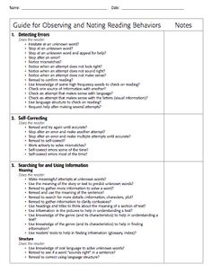 a guide for observing and noting reading behavior notes, with the text below it