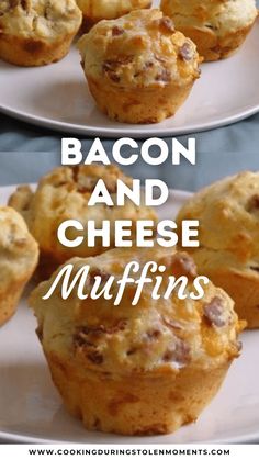 bacon and cheese muffins on two plates with the words bacon and cheese muffins