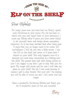 an old fashioned christmas letter with the words elf on the shelf