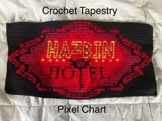 This is a DIGITAL PIXEL CHART (no written pattern) for a Hazbin Hotel tapestry made for advanced beginner to intermediate crocheters. Included in the download is a numbered pixel chart (preview in photos) to recreate the tapestry in the listing. You will need knowledge in how to make crochet tapestry as well as do colour changes (there are plenty of YouTube tutorials!). I used weight 4 acrylic yarn with a 4.5 mm crochet hook, and the tapestry came out to be 10" x 19". DO NOT RESELL OR REDISTRIBUTE THIS PATTERN. You can only sell physical items made with this pattern while crediting me as the pattern creator. The graph is split into 2 graphs to avoid easy redistribution. If you post a picture on Instagram using this pattern, please tag me I'd love to see! :) @tallupa.star Adventure Time Tapestry Crochet, Hazbin Hotel Crochet Pattern, Hazbin Hotel Cross Stitch, Hazbin Hotel Crochet, Simple Tapestry Crochet, Simple Tapestry, Crochet Tapestry, Tapestry Crochet, Youtube Tutorials