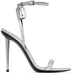 Coated grained sheepskin heeled sandals in silver-tone. · Open pointed toe · Graphic hardware at adjustable pin-buckle ankle strap · Logo printed in silver-tone at buffed leather footbed · Metal stiletto heel with rubber injection · Leather sole · Silver-tone hardware · Heel: H4 in Supplier color: Silver