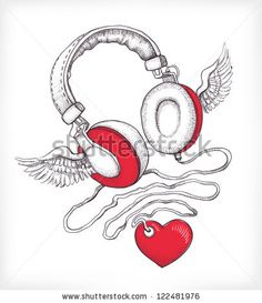 headphones with wings and heart on white background