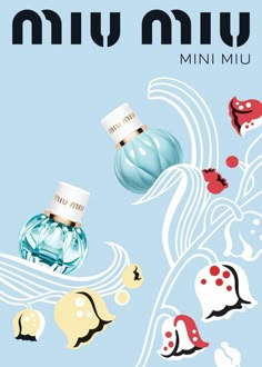 an advertisement featuring two perfume bottles in different colors and designs on a blue background with white swirls